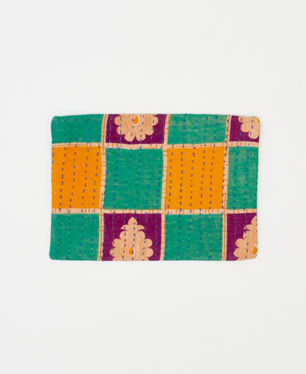 Artisan-made teal and orange geometric vintage kantha pouch clutch