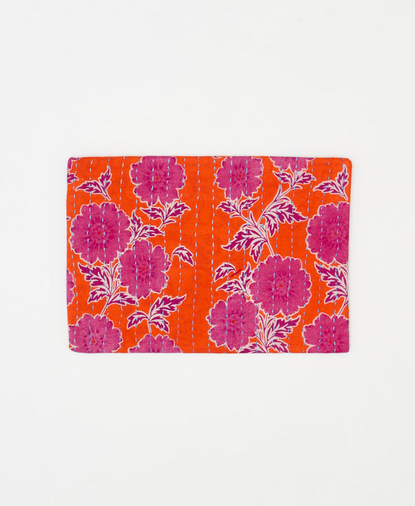 Artisan-made orange and pink floral vintage kantha pouch clutch