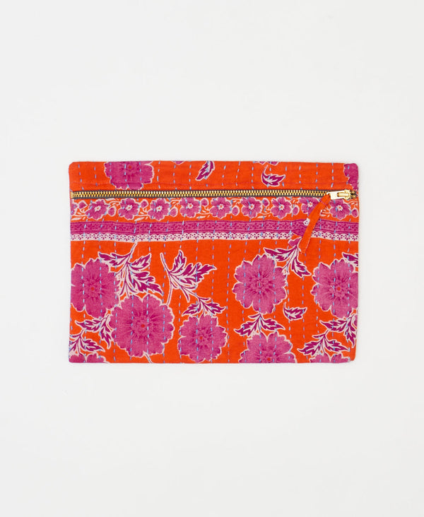 One-of-a-kind orange and pink floral vintage kantha pouch clutch