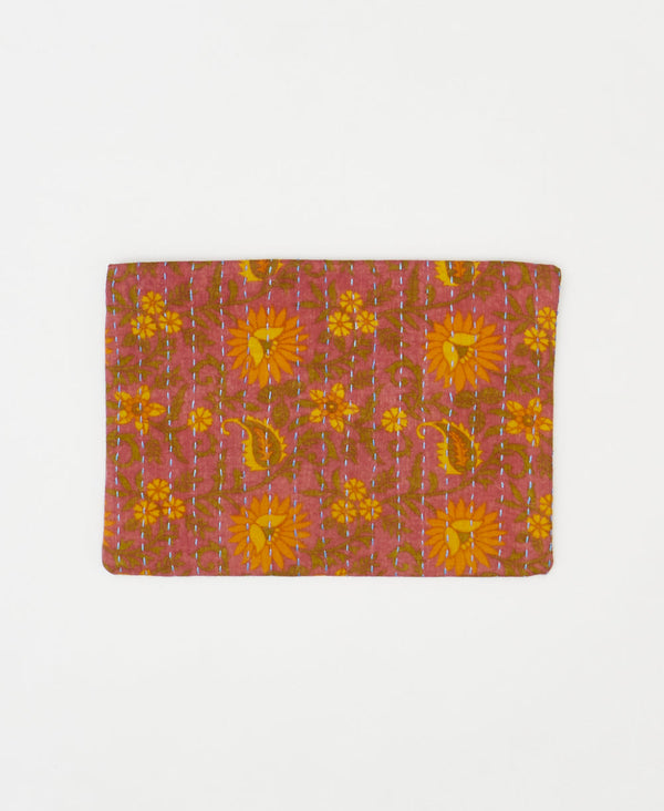 Artisan-made mauve floral vintage kantha pouch clutch