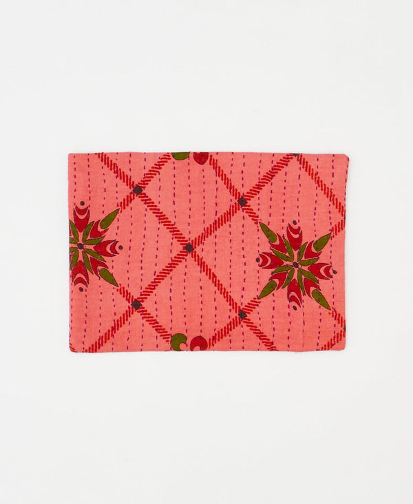 Artisan-made coral geometric vintage kantha pouch clutch