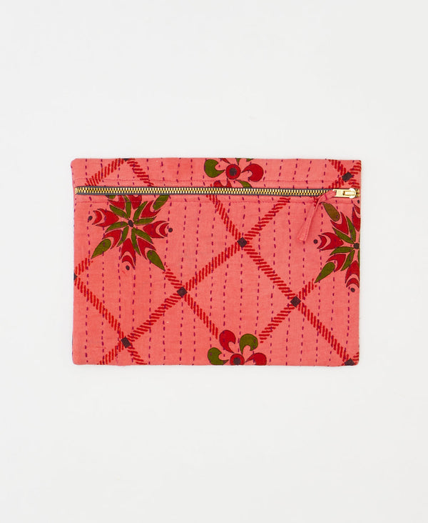 One-of-a-kind coral geometric vintage kantha pouch clutch
