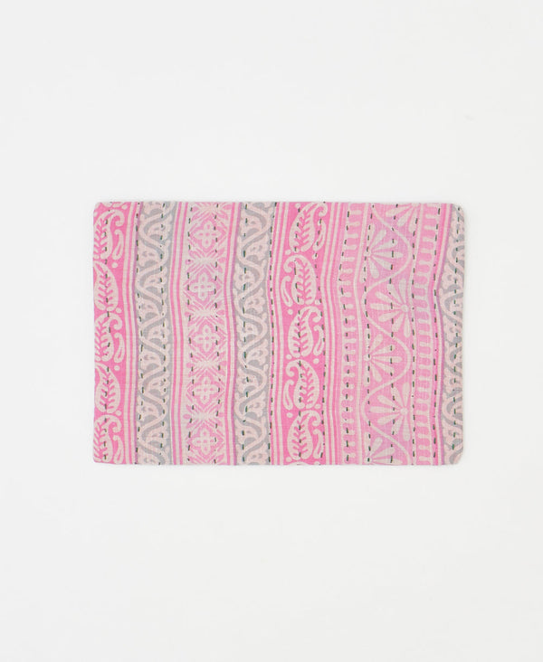 Artisan-made pink and grey geometric vintage kantha pouch clutch