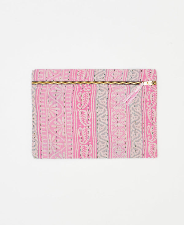 One-of-a-kind pink and grey geometric vintage kantha pouch clutch