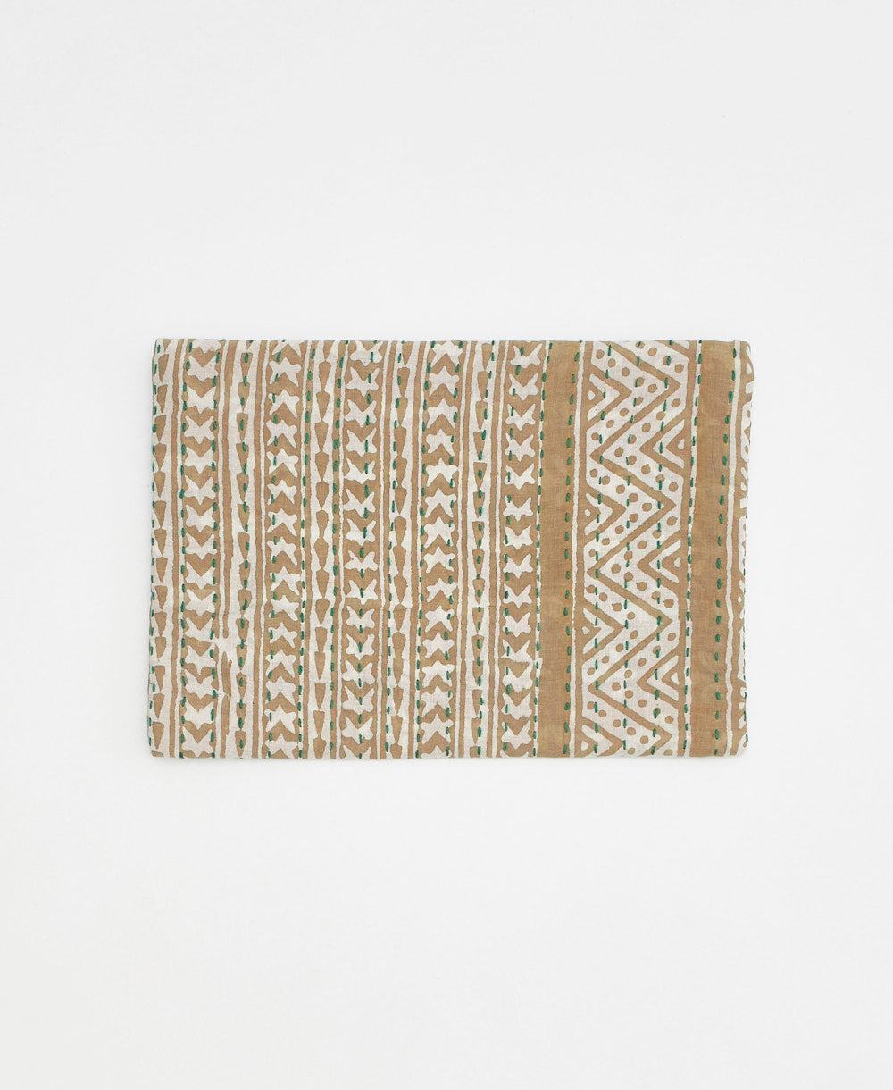 Artisan-made beige and tan geometric vintage kantha pouch clutch