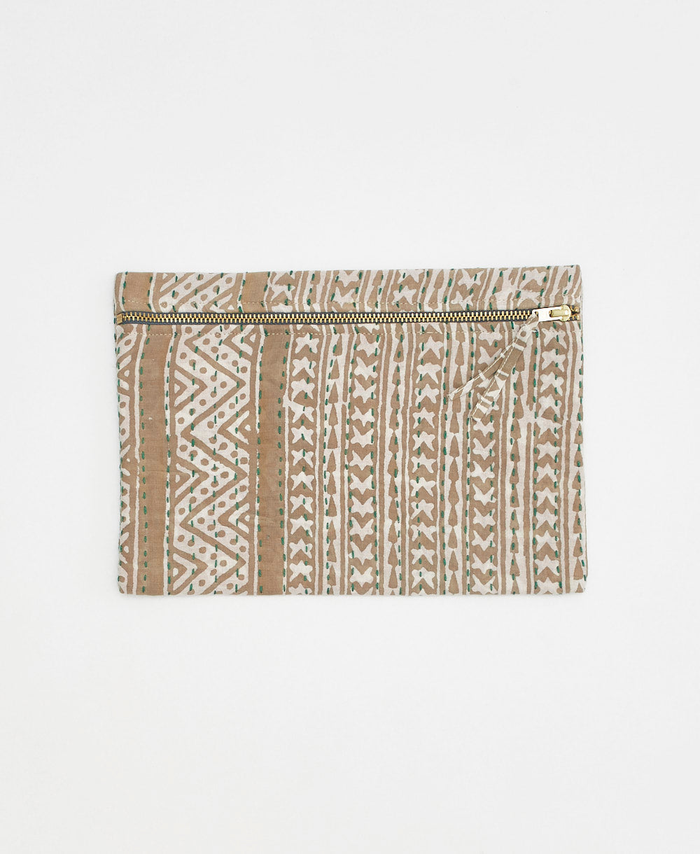 One-of-a-kind beige and tan geometric vintage kantha pouch clutch