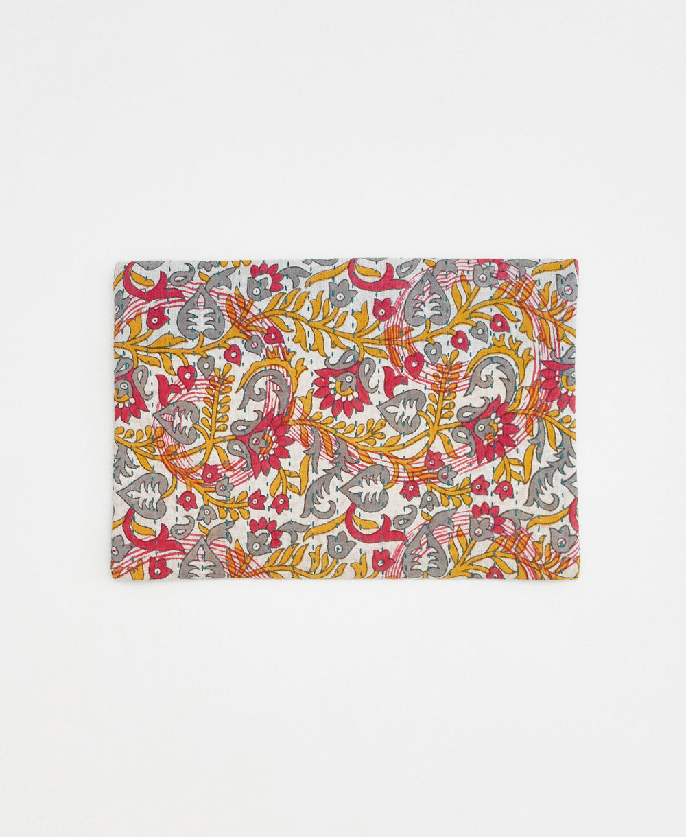 Artisan-made pink and yellow floral vintage kantha pouch clutch