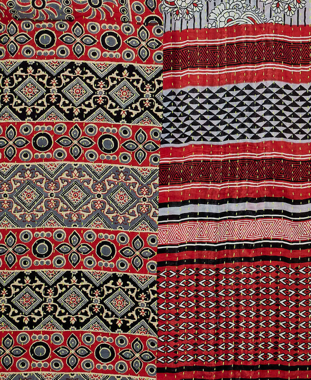 Kantha quilt throw featuring red and grey check print traditional kantha hand stitching