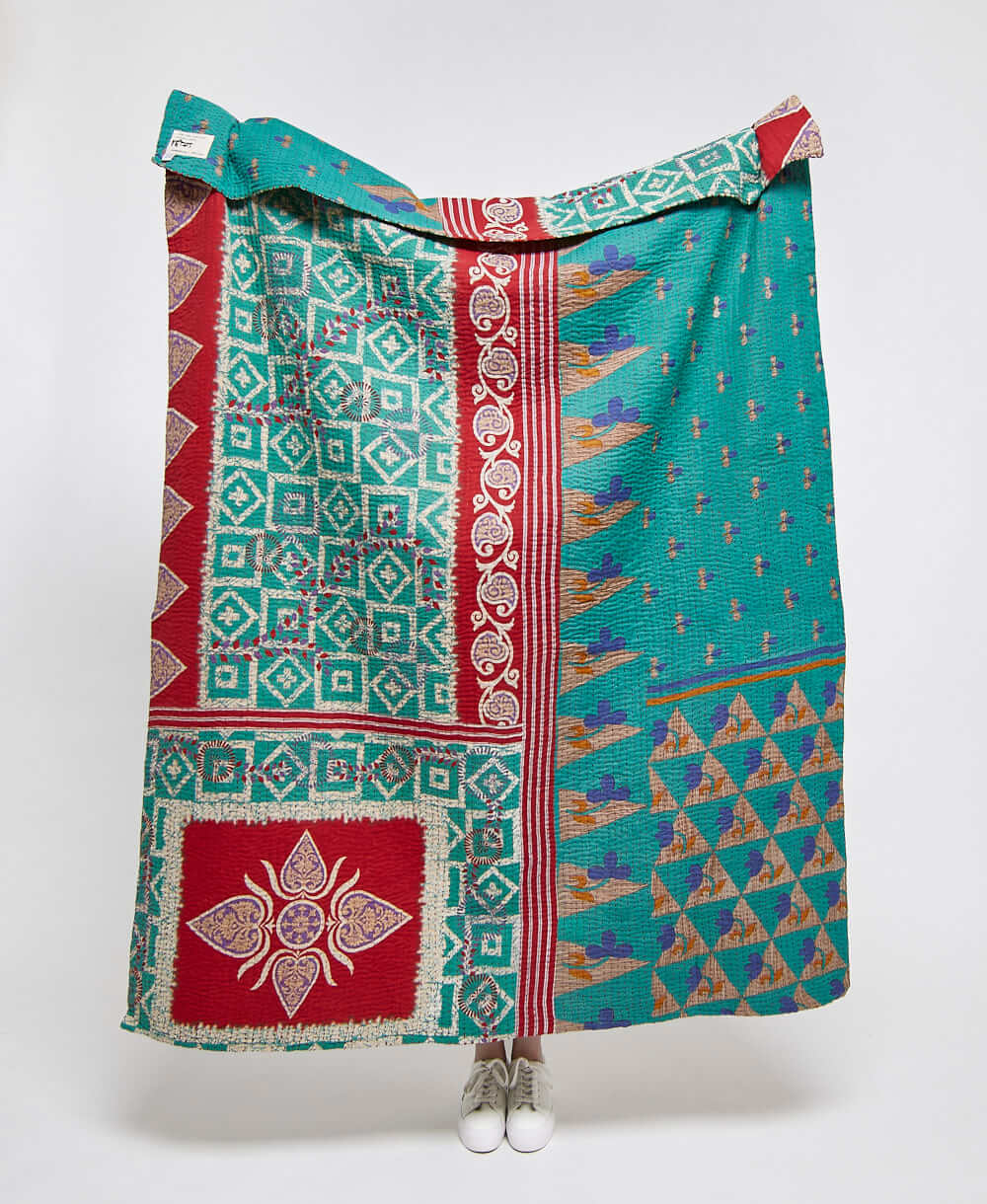  Artisan made teal floral kantha quilt throw