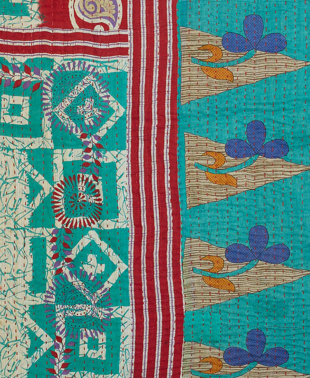 Kantha quilt throw featuring teal traditional kantha hand stitching