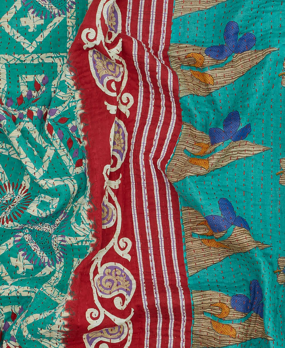 teal Floral Kantha quilt throw made of recycled vintage saris