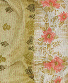 pink and green floral Kantha quilt throw made of recycled vintage saris