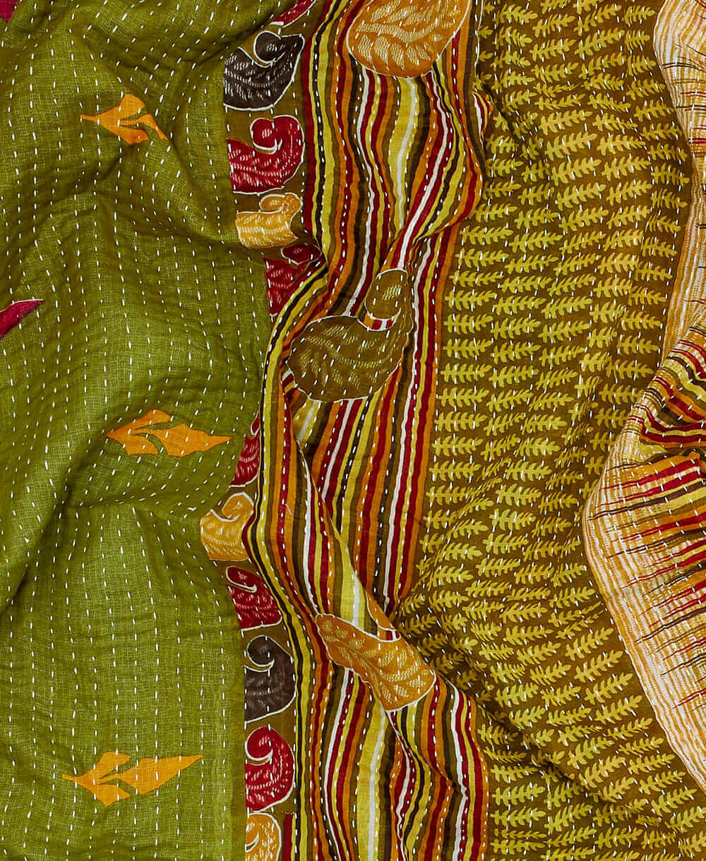 Green paisley Kantha quilt throw made of recycled vintage saris