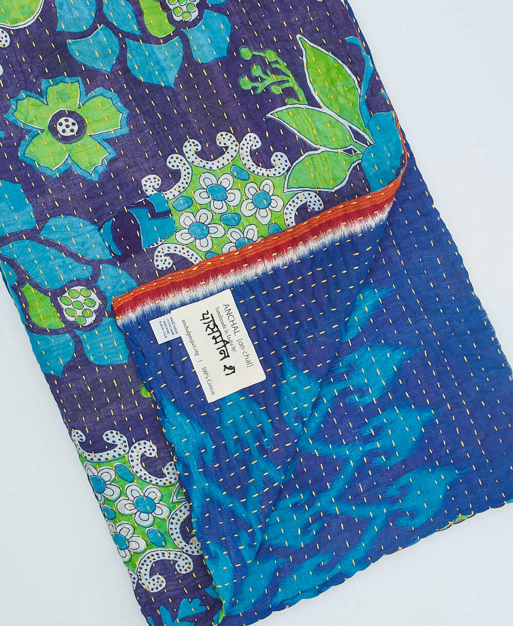 Blue Floral Kantha quilt throw made of recycled vintage saris