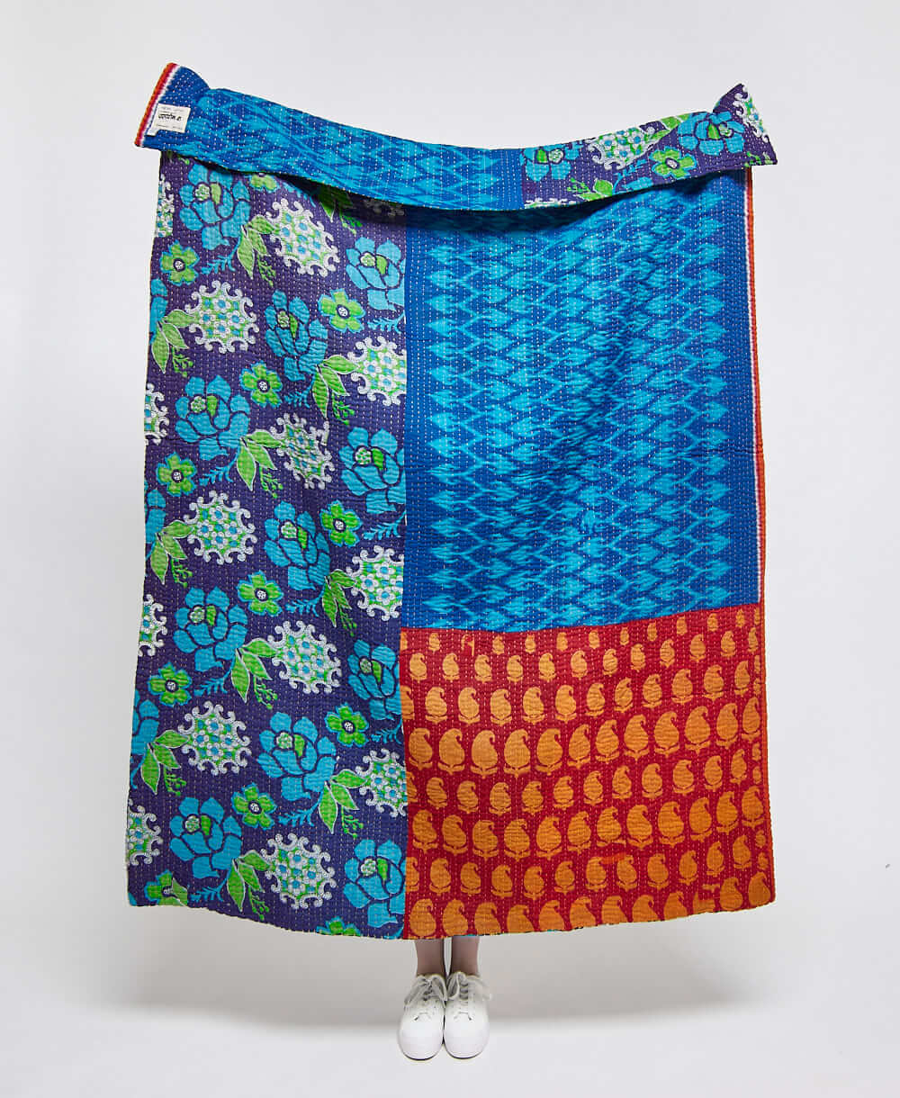  Artisan made bold Blue floral kantha quilt throw