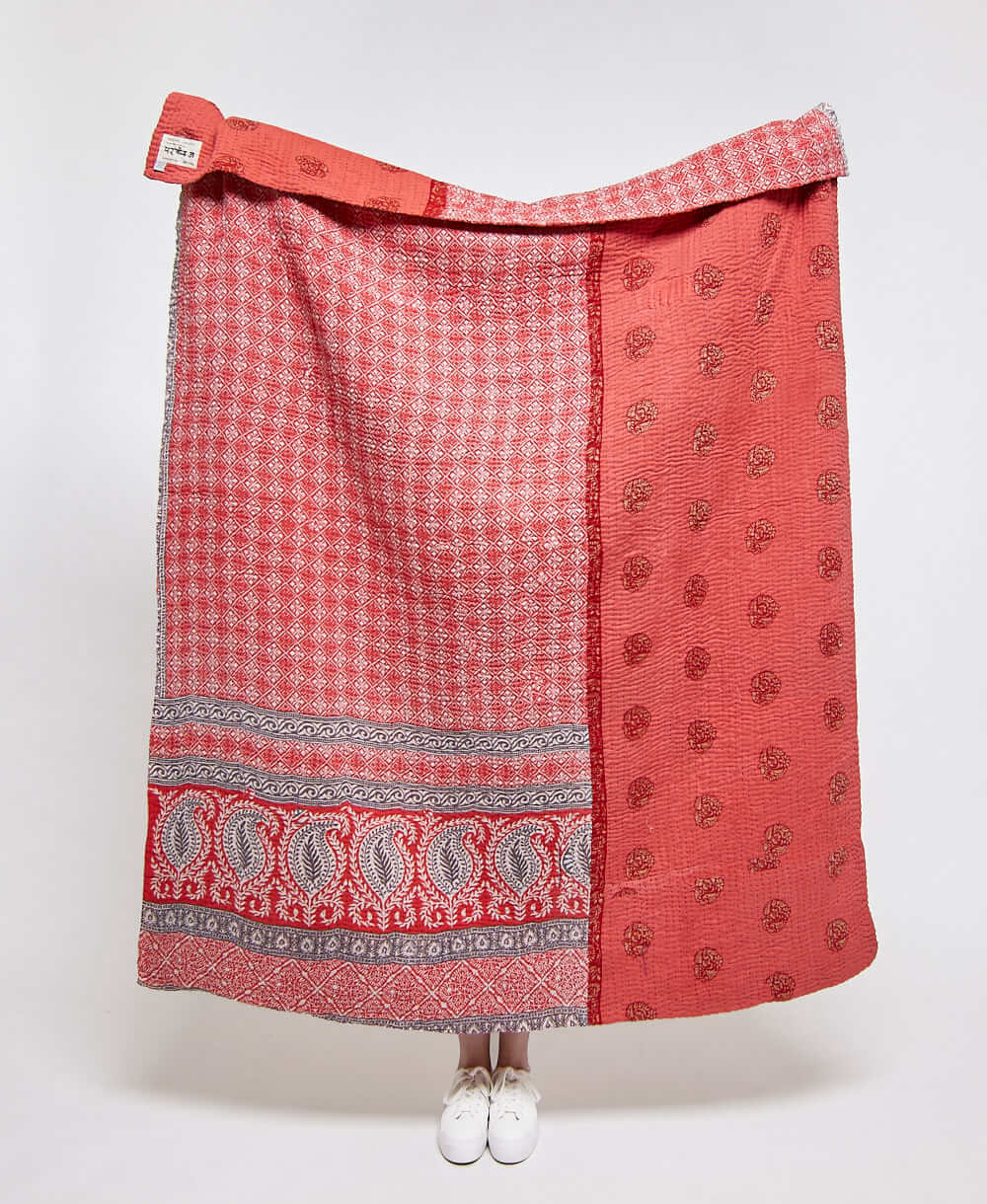  Artisan made coral paisley kantha quilt throw