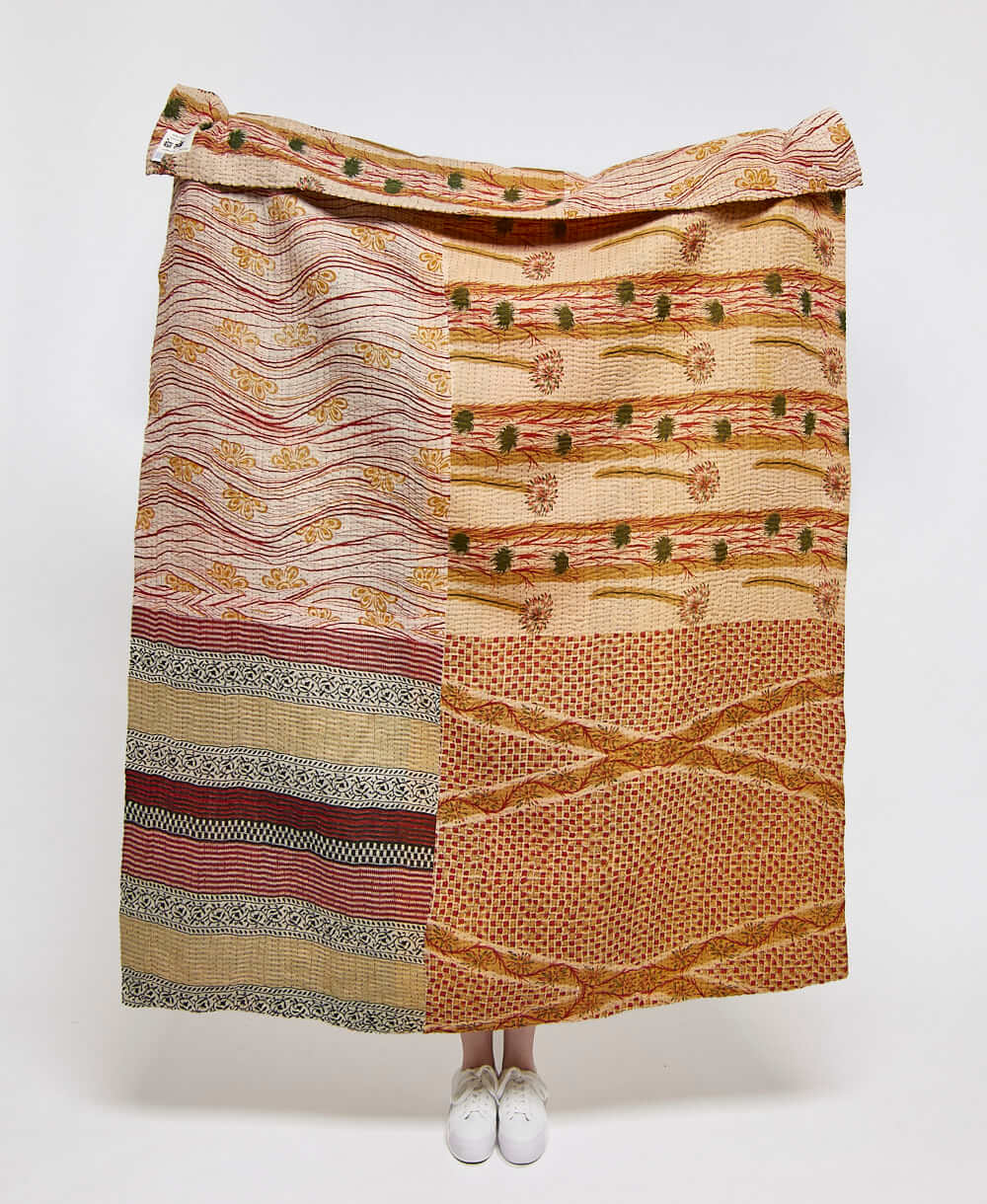  Artisan made tan and red dandelion kantha quilt throw