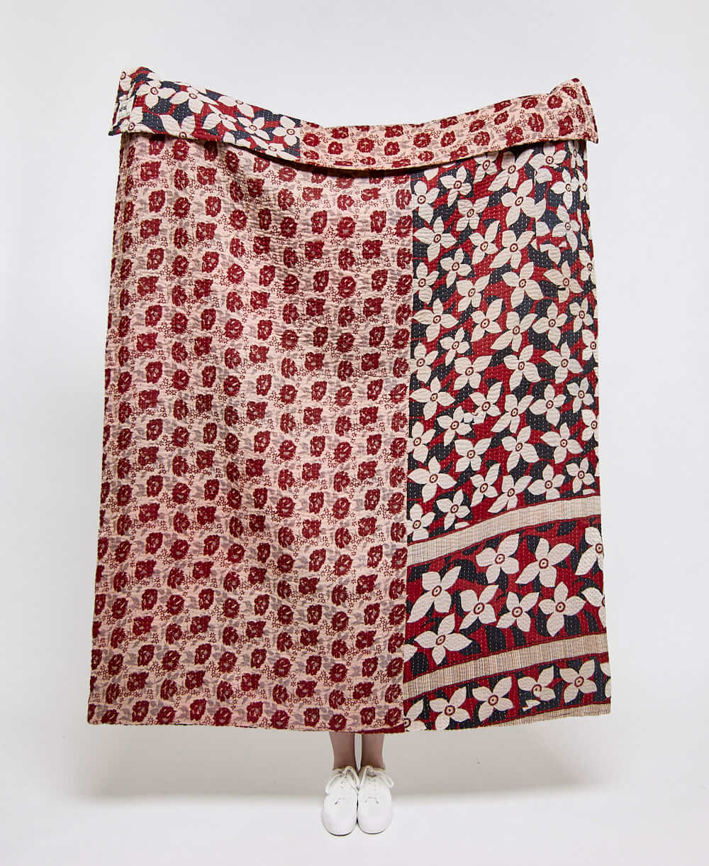  Artisan made red and black floral kantha quilt throw