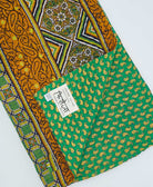 green and yellow traditional  Kantha quilt throw made of recycled vintage saris