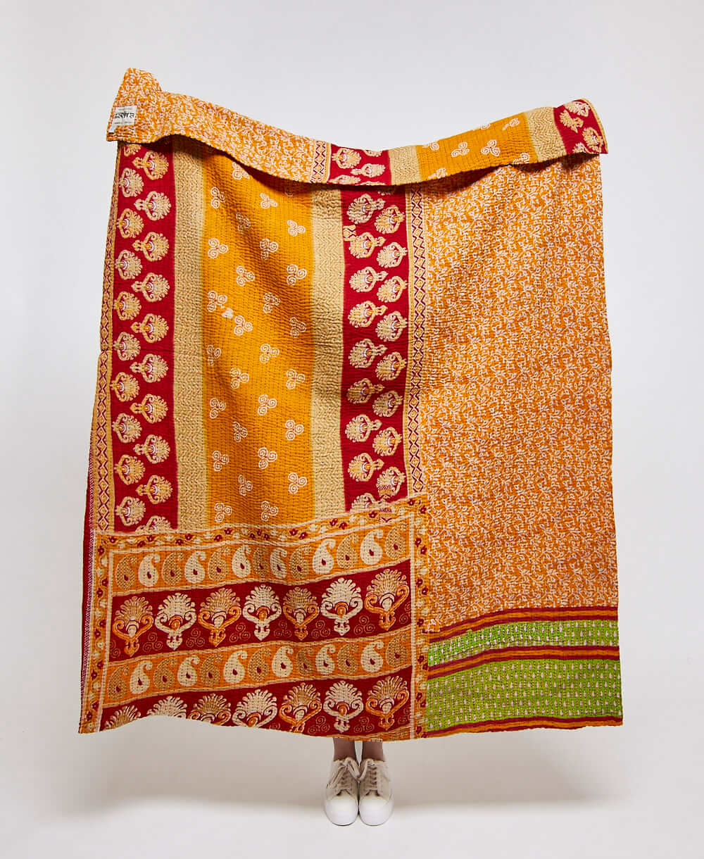  Artisan made orange and red paisley kantha quilt throw  