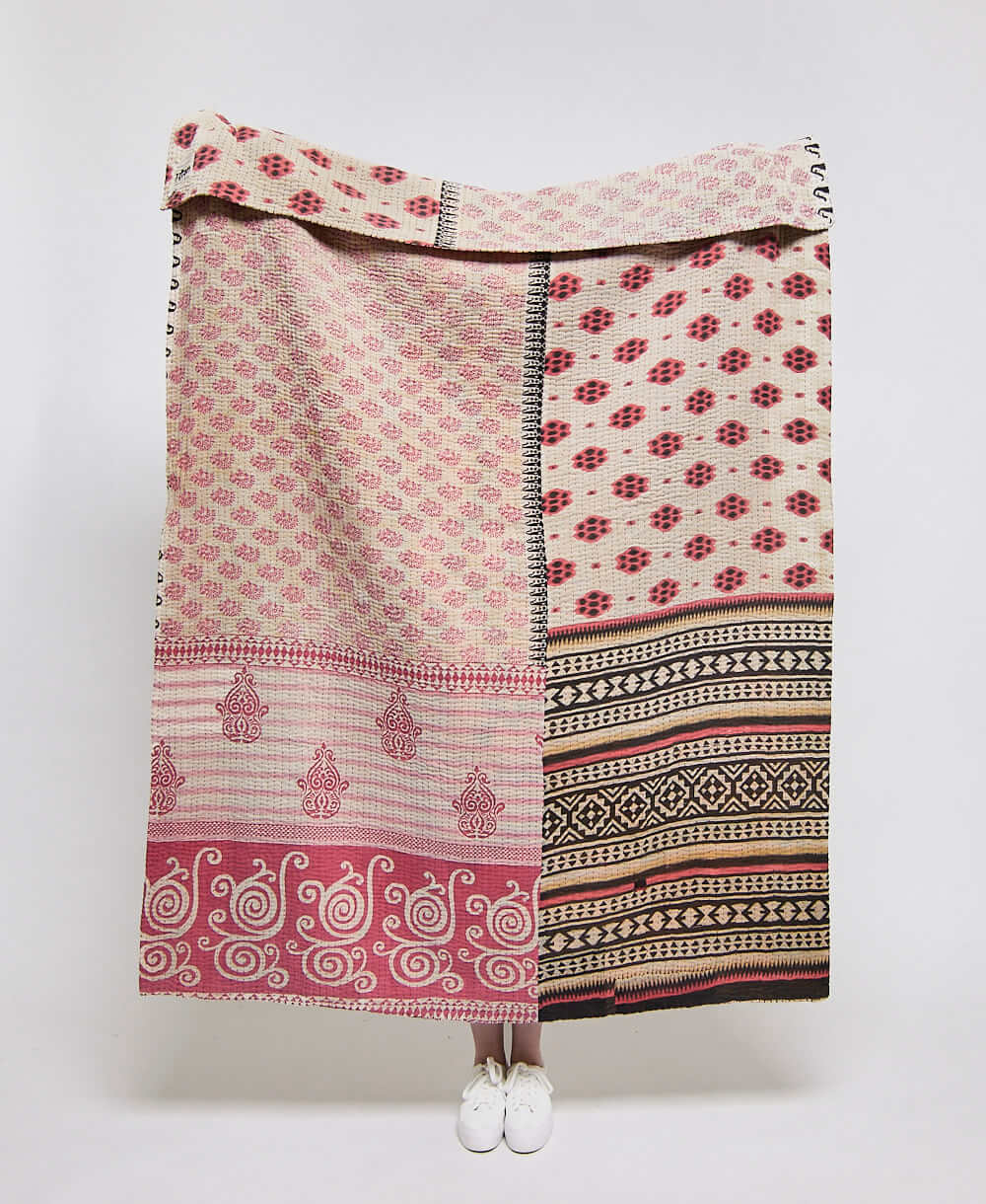  Artisan made red and black geometric kantha quilt throw  