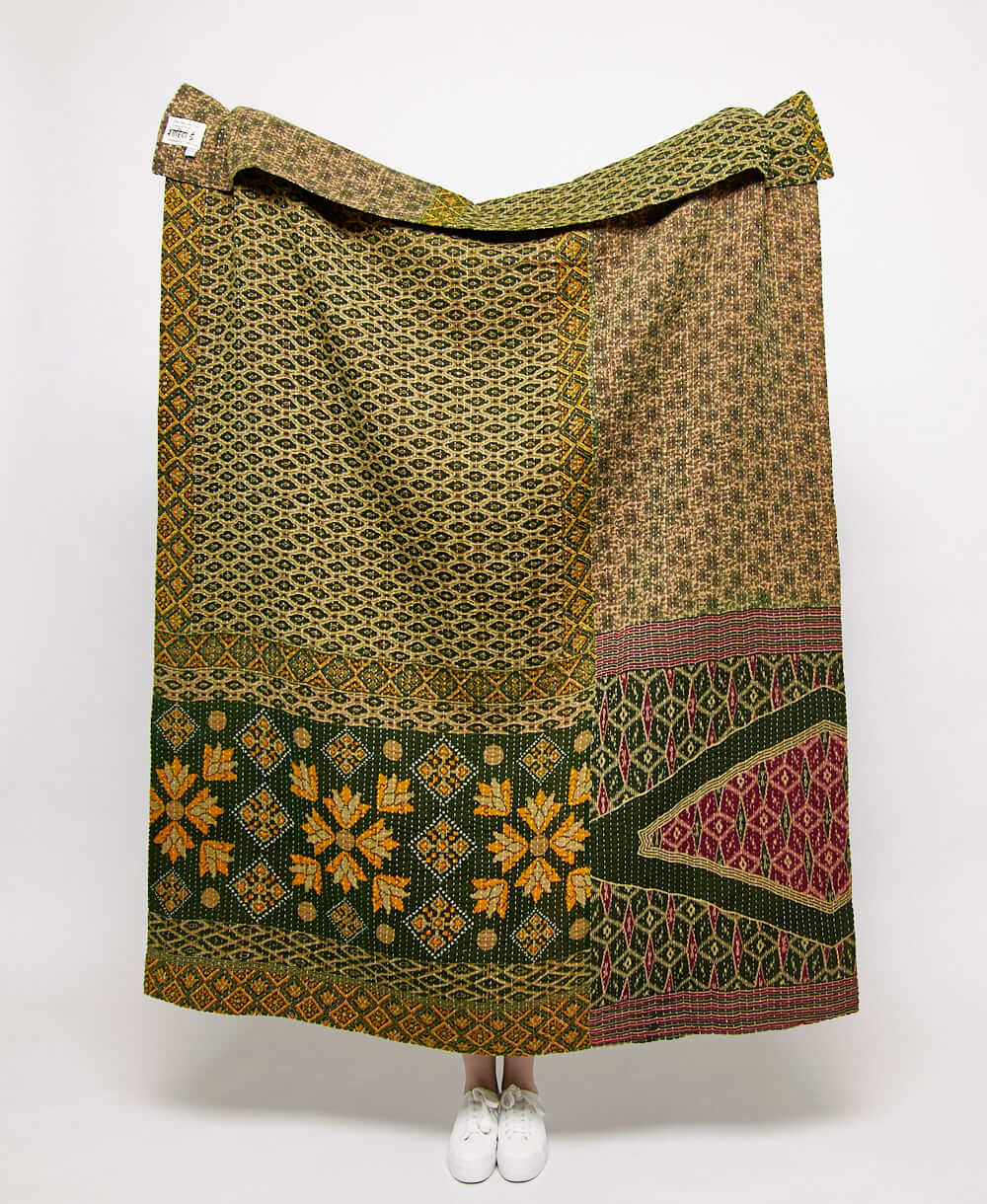  Artisan made forest green geometric kantha quilt throw  