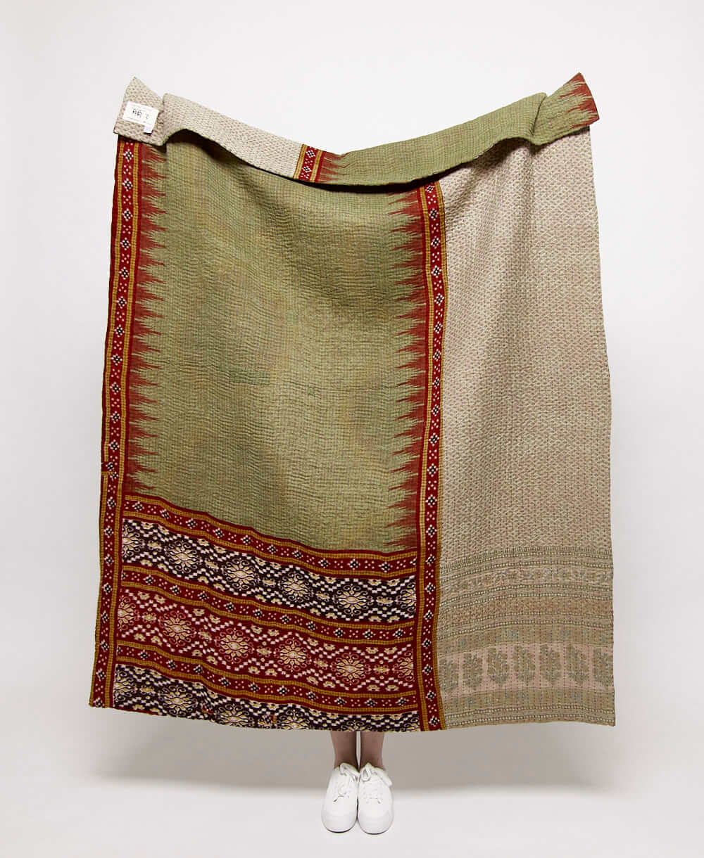  Artisan made brown and sage geometric kantha quilt throw  