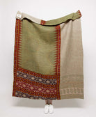  Artisan made brown and sage geometric kantha quilt throw  