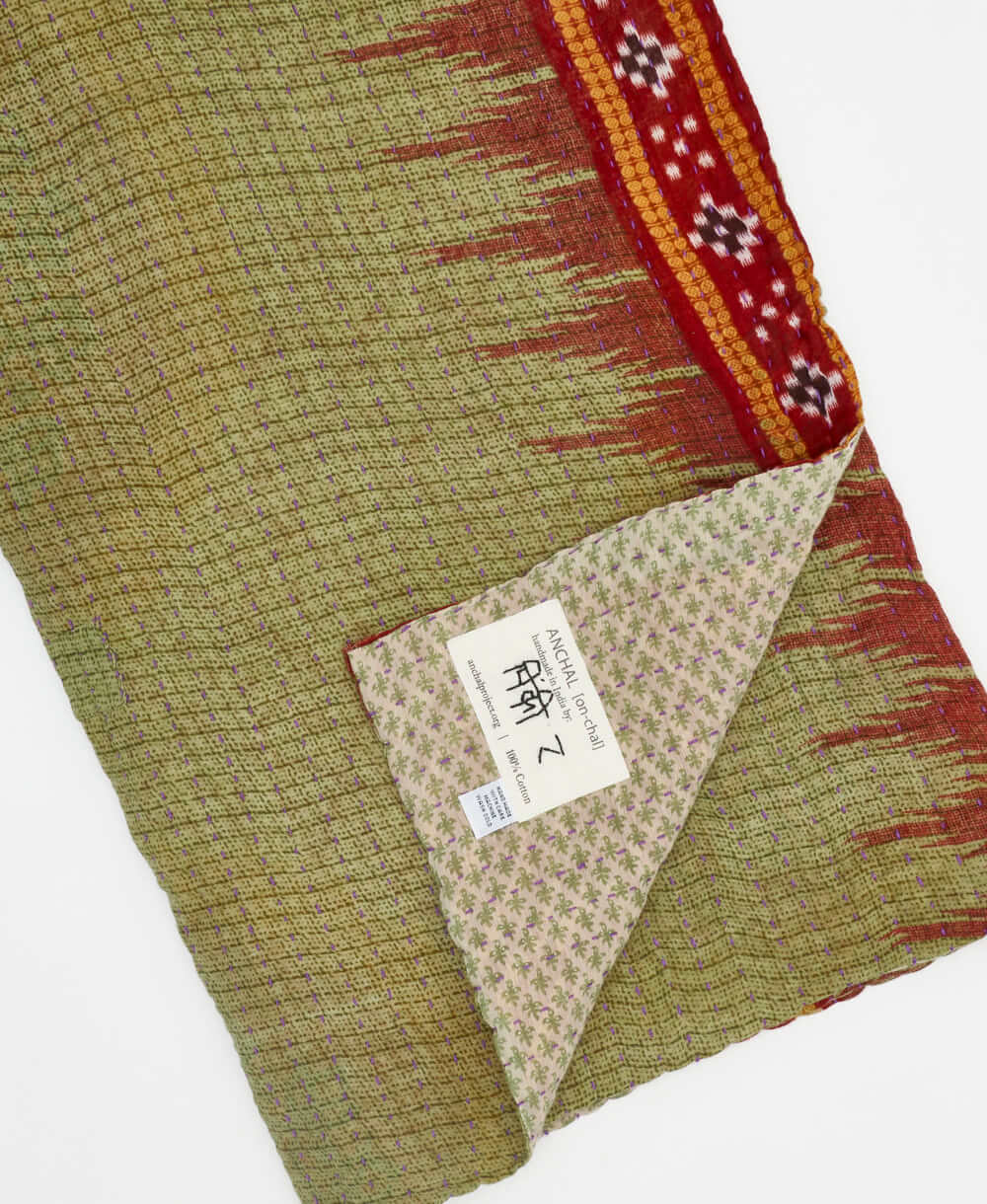 brown and sage geometric Kantha quilt throw made of recycled vintage saris