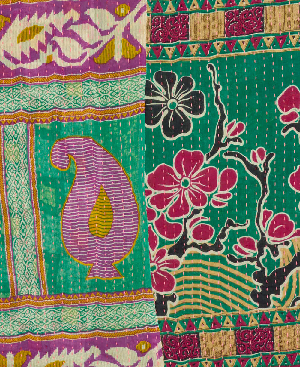 Kantha quilt throw featuring baby pink traditional kantha hand stitching