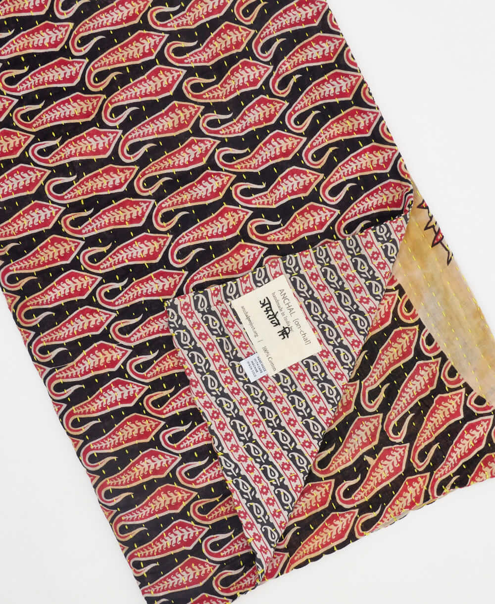 red & black paisley  Kantha quilt throw made of recycled vintage saris