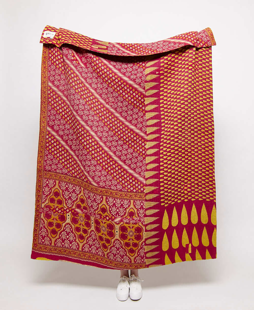  Artisan made bugundy and mustard paisley kantha quilt throw  