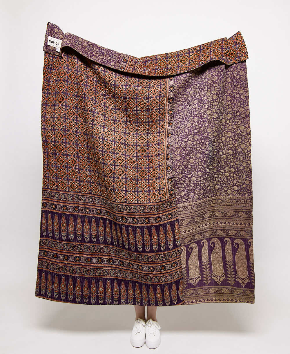  Artisan made eggplant paisley kantha quilt throw  