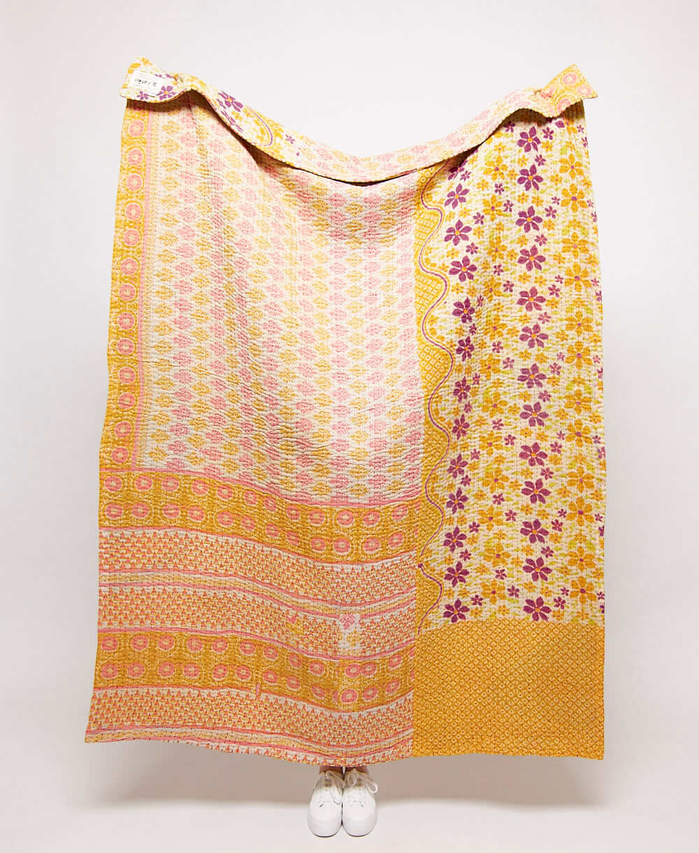  Artisan made sunny yellow floral kantha quilt throw  