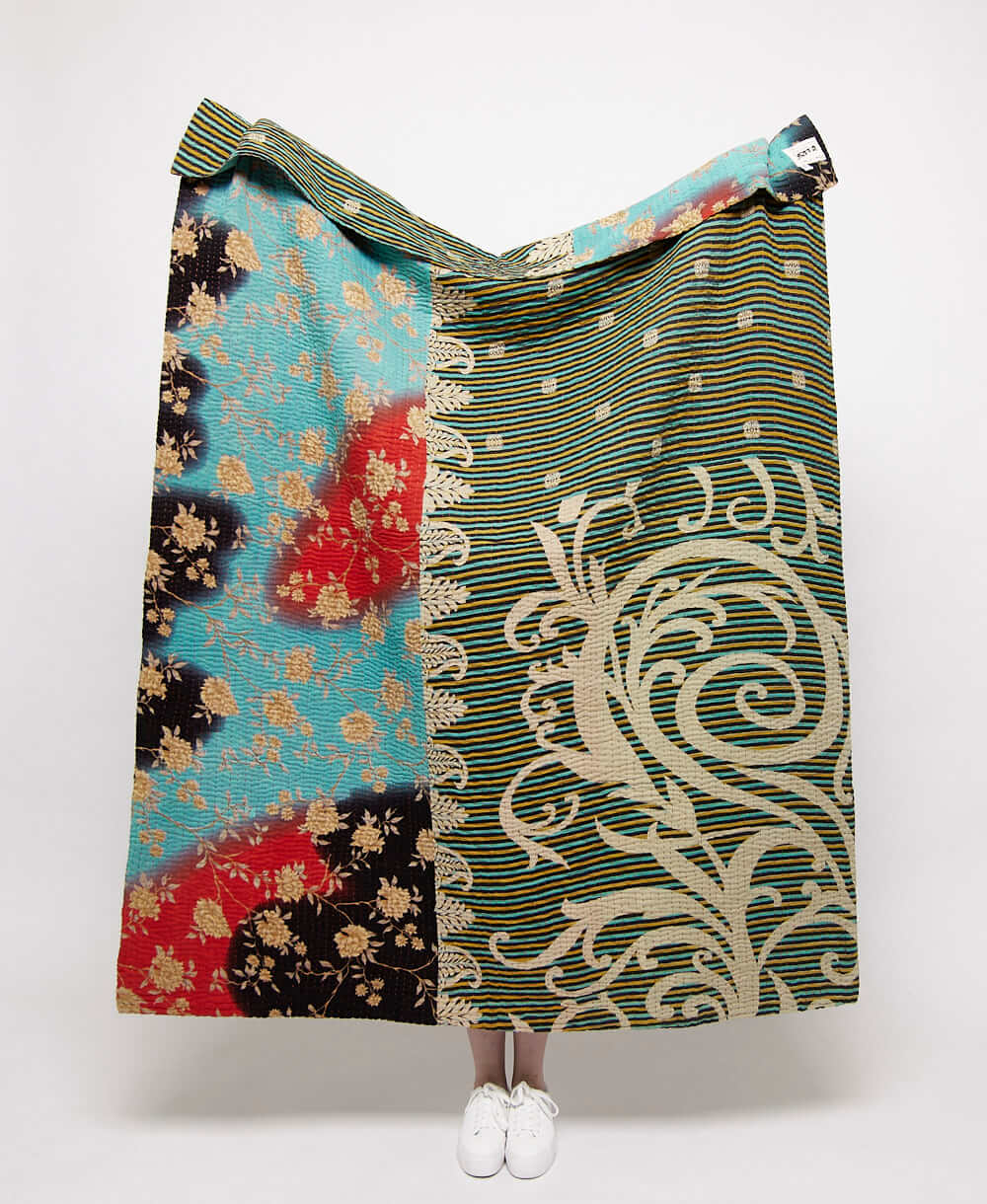  Artisan made Blue & red floral kantha quilt throw  