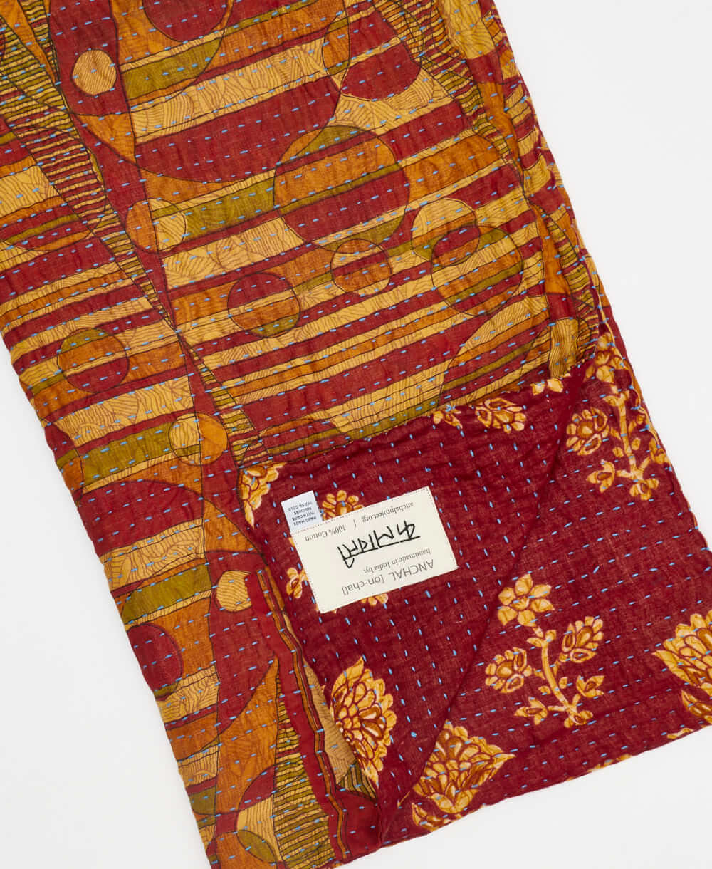 marron abstract Kantha quilt throw made of recycled vintage saris