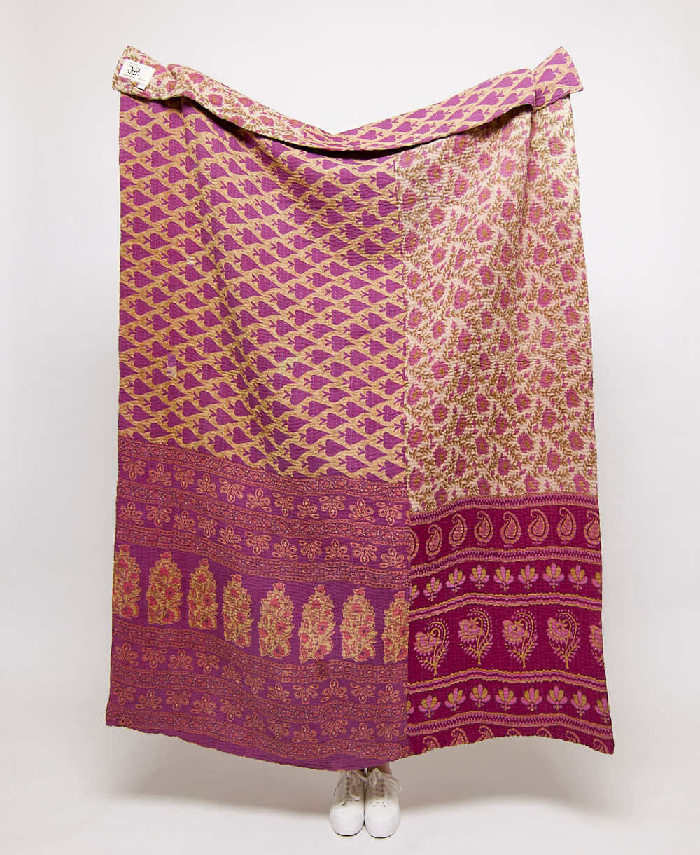  Artisan made violet floral kantha quilt throw  