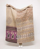  Artisan made beige and purple paisley  kantha quilt throw  