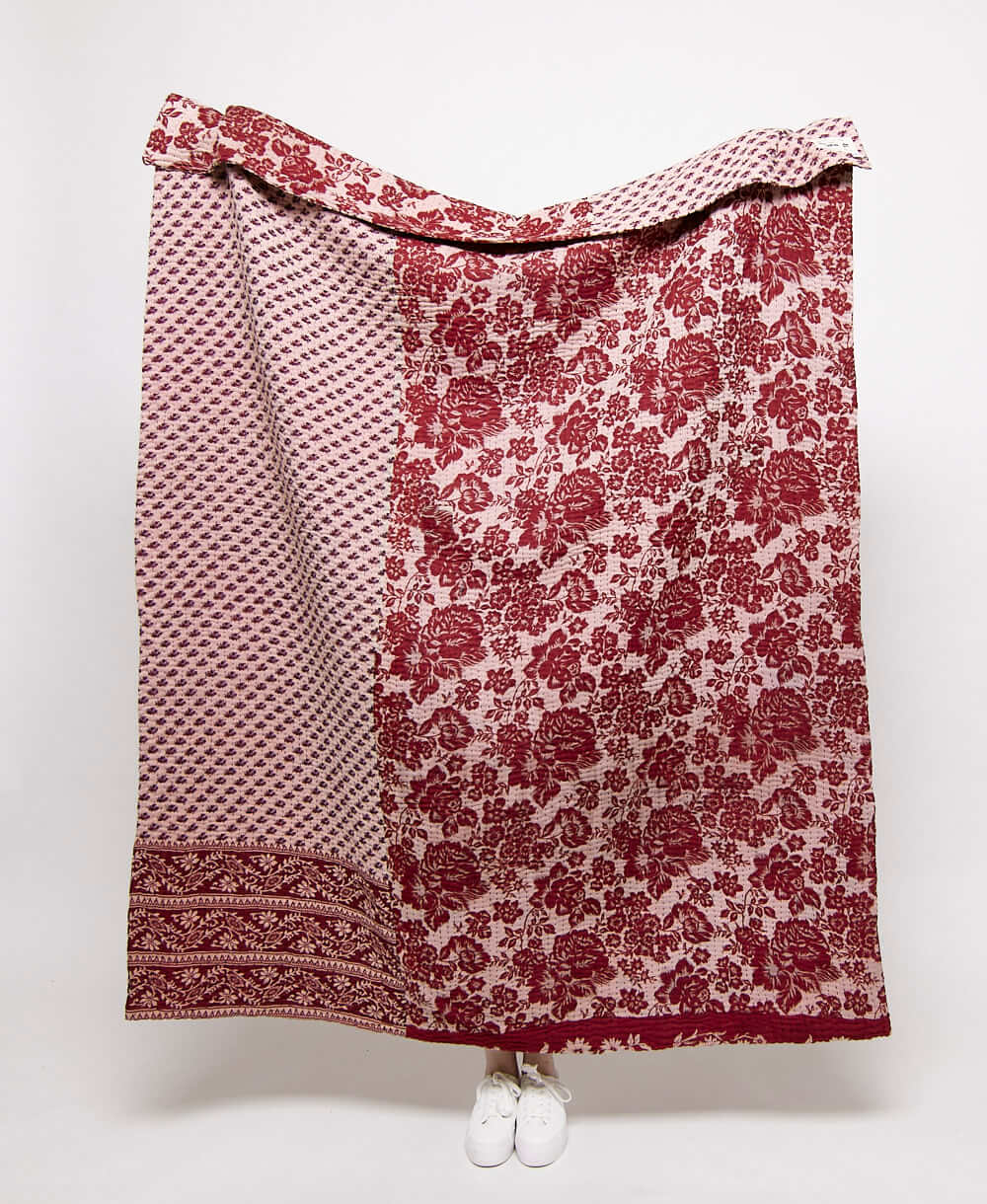  Artisan made marron and blush floral kantha quilt throw  