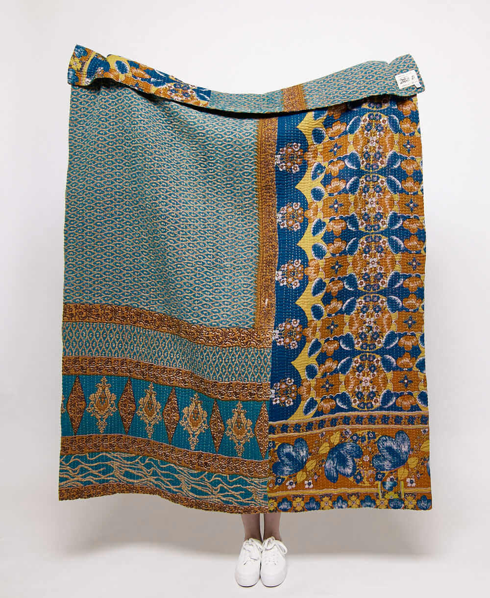  Artisan made cobalt floral kantha quilt throw  