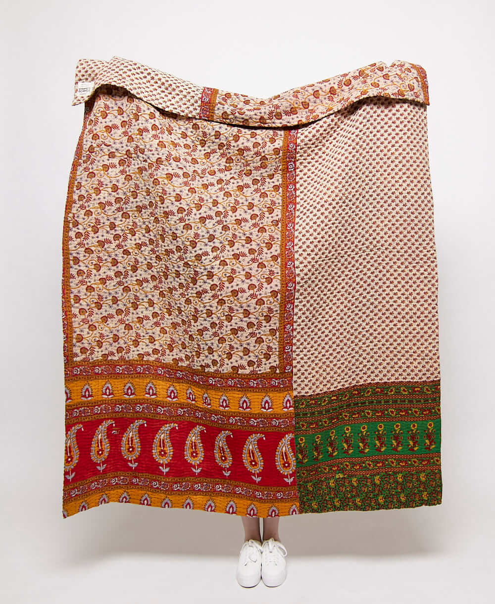  Artisan made red vine floral kantha quilt throw  