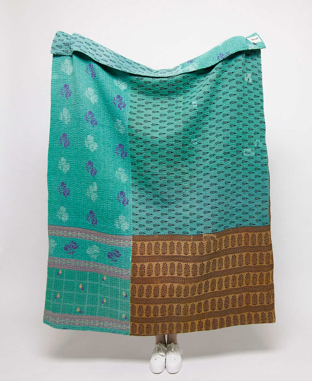  Artisan made teal stamp  kantha quilt throw  