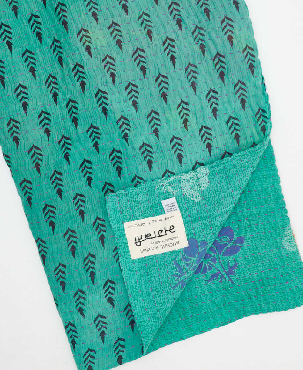 teal stamp Kantha quilt throw made of recycled vintage saris