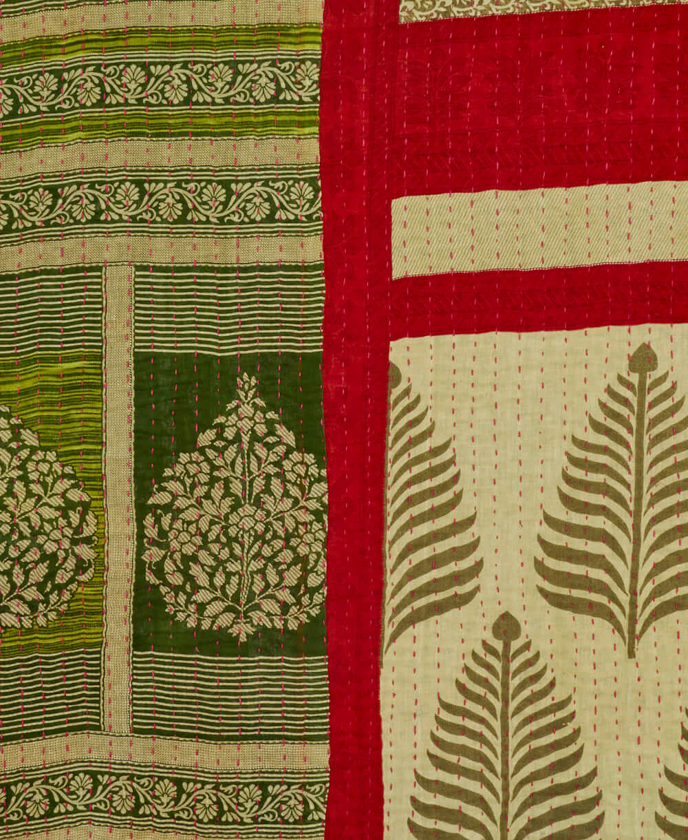 Kantha quilt throw featuring bright red eco-friendly traditional kantha hand stitching