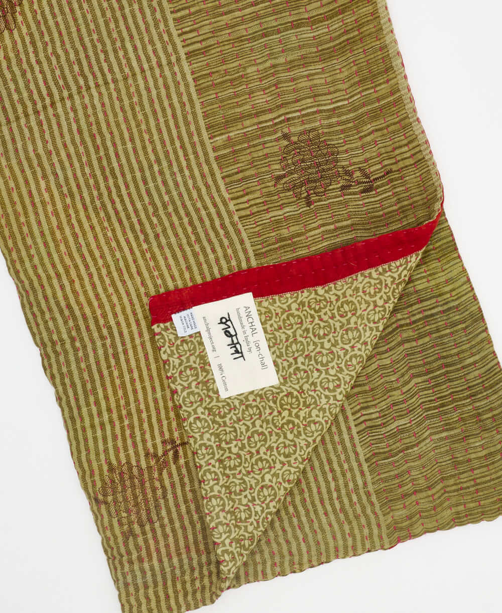 moss green leaf print Kantha quilt throw made of recycled vintage saris