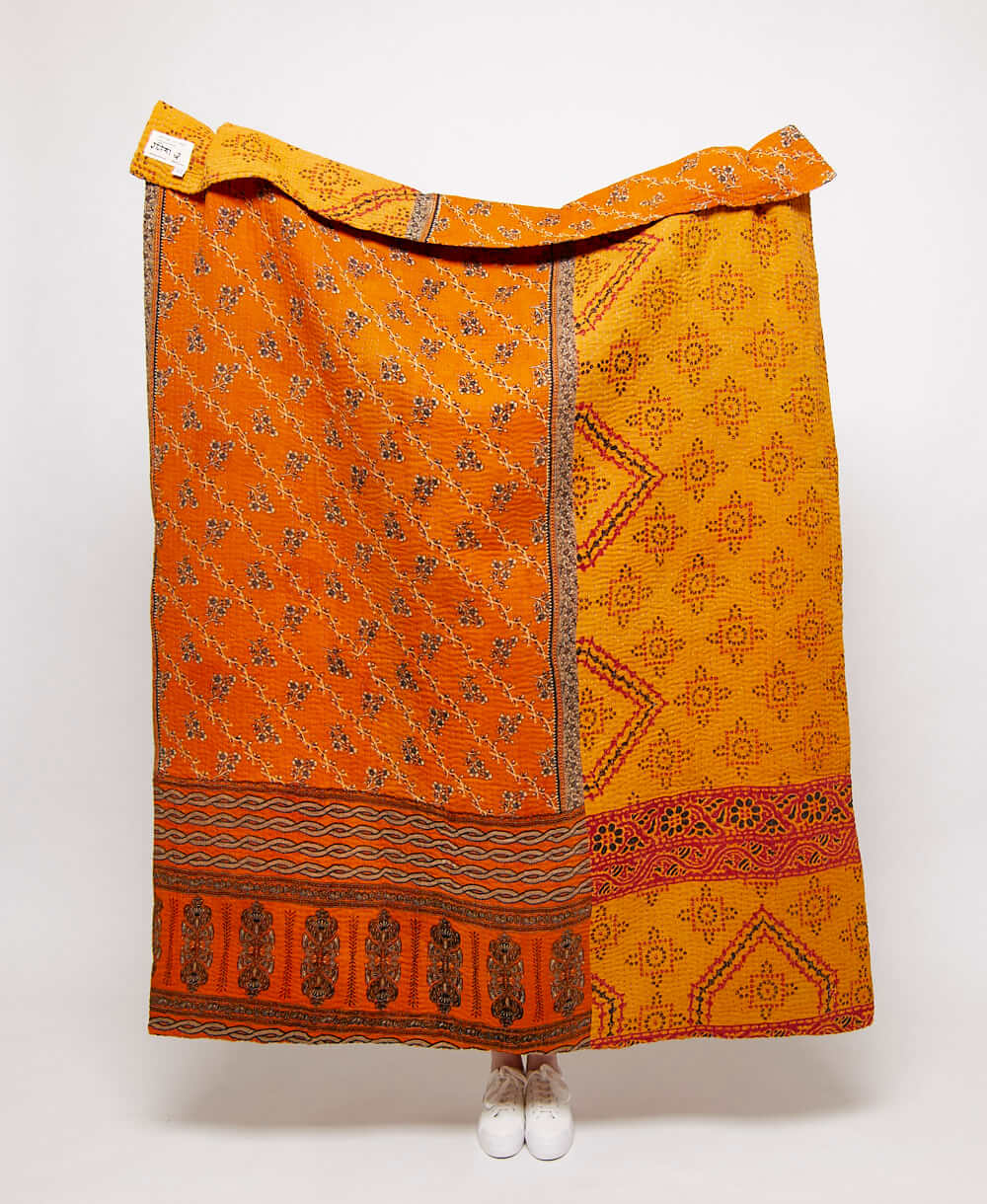  Artisan made saffron geometric kantha quilt throw  