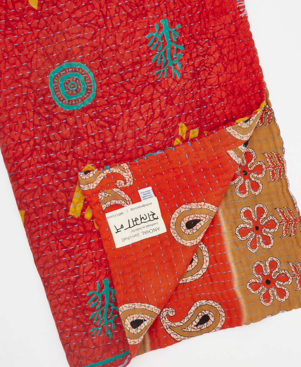 camel tree print Kantha quilt throw made of recycled vintage saris