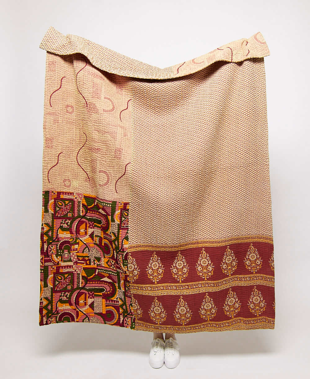  Artisan made almond geometric kantha quilt throw  