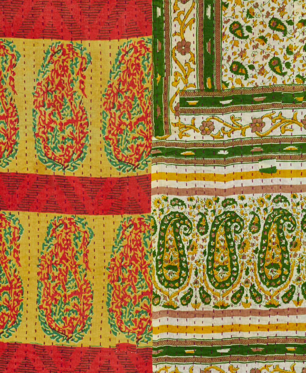 Kantha quilt throw featuring green ornate print traditional kantha hand stitching