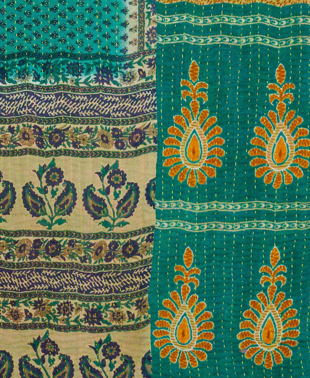 eco-friendly  teal and yellow stamp paisley  kantha quilt throw 